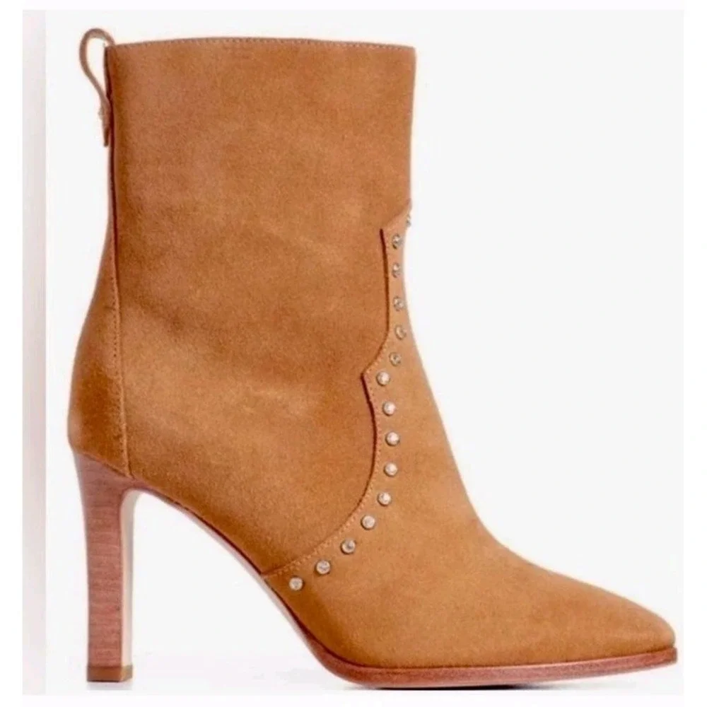 Paige Pointed Toe Casey Boots Cognac Leather Crystal Heels Women's‎ 8 Western